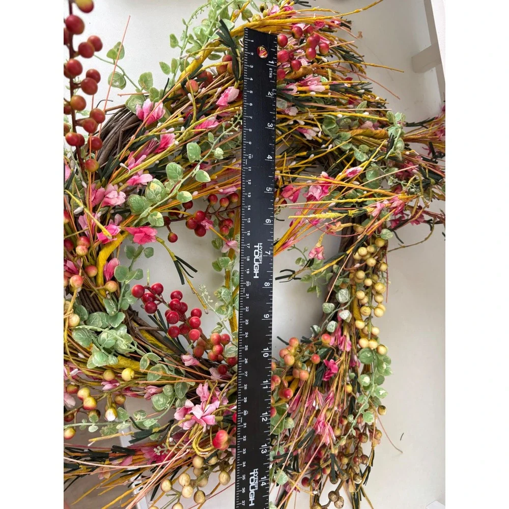 Floral Berry Grapevine Wreath Pink Red Cream Spring Summer Door Decor 24 inch